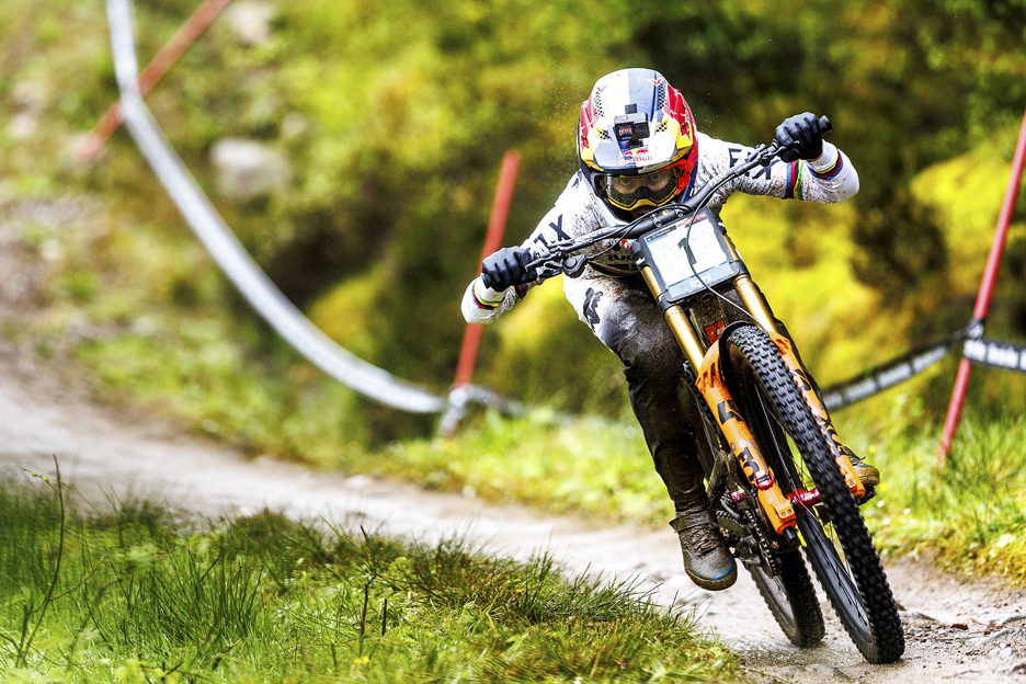 Jackson Goldstone racing in UCI World Cup Downhill bike race