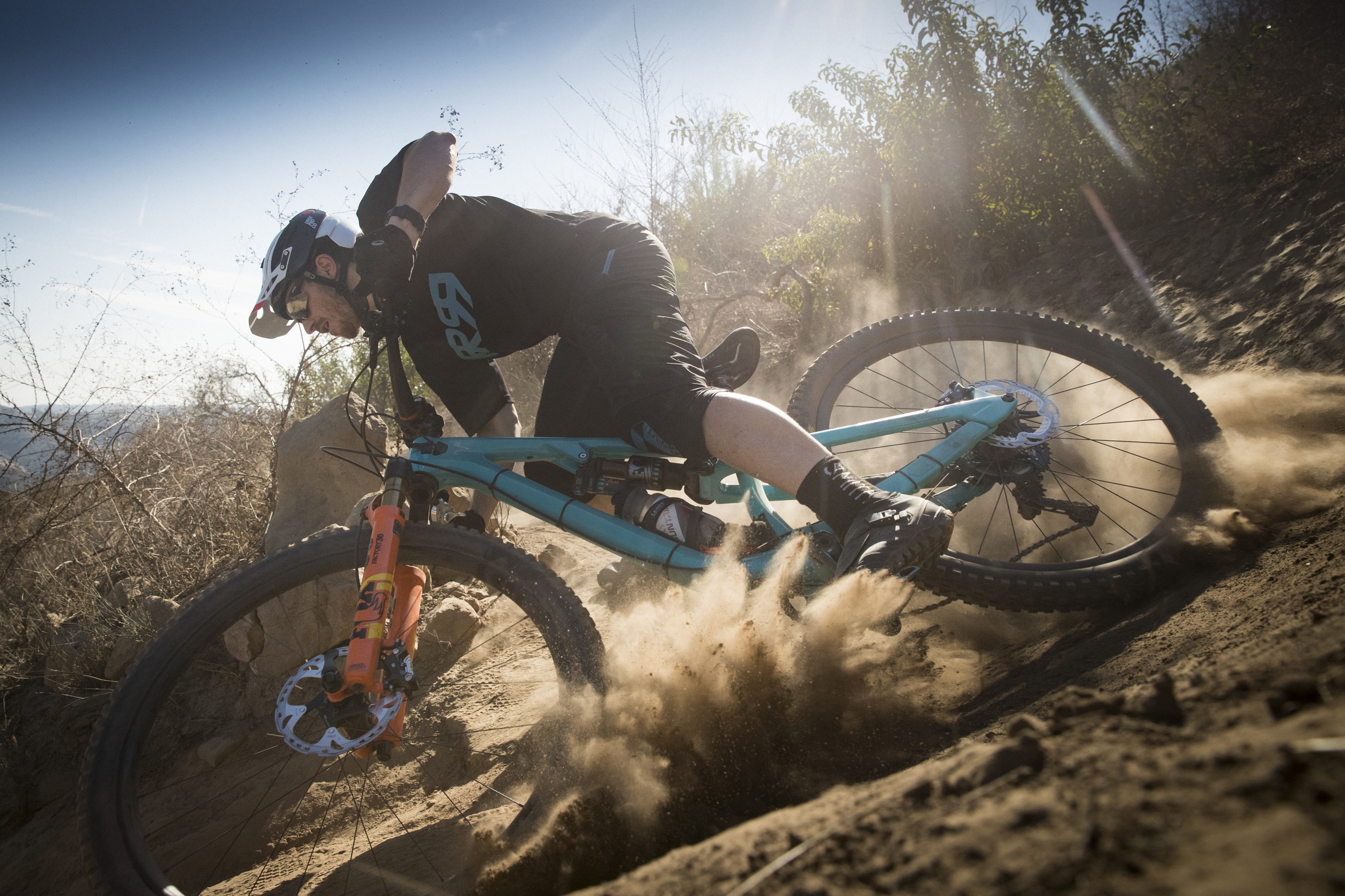 Jessie Melamed ripping a soft corner on his Shimano equipped mountain bike